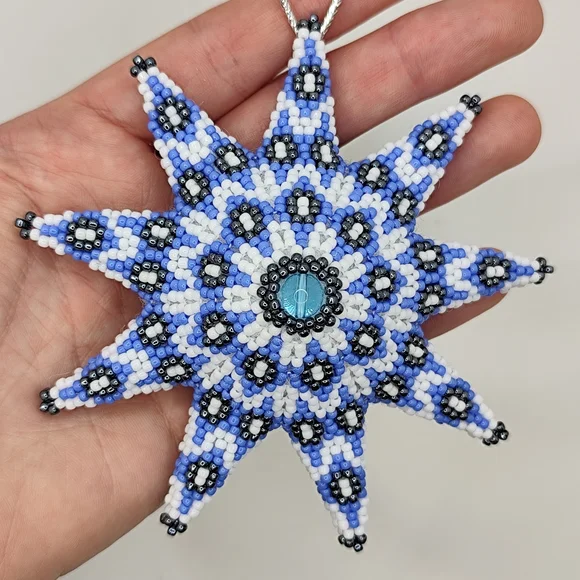 Beaded Starburst Ornament in Light Blue, White & Black - Picture 7 of 8